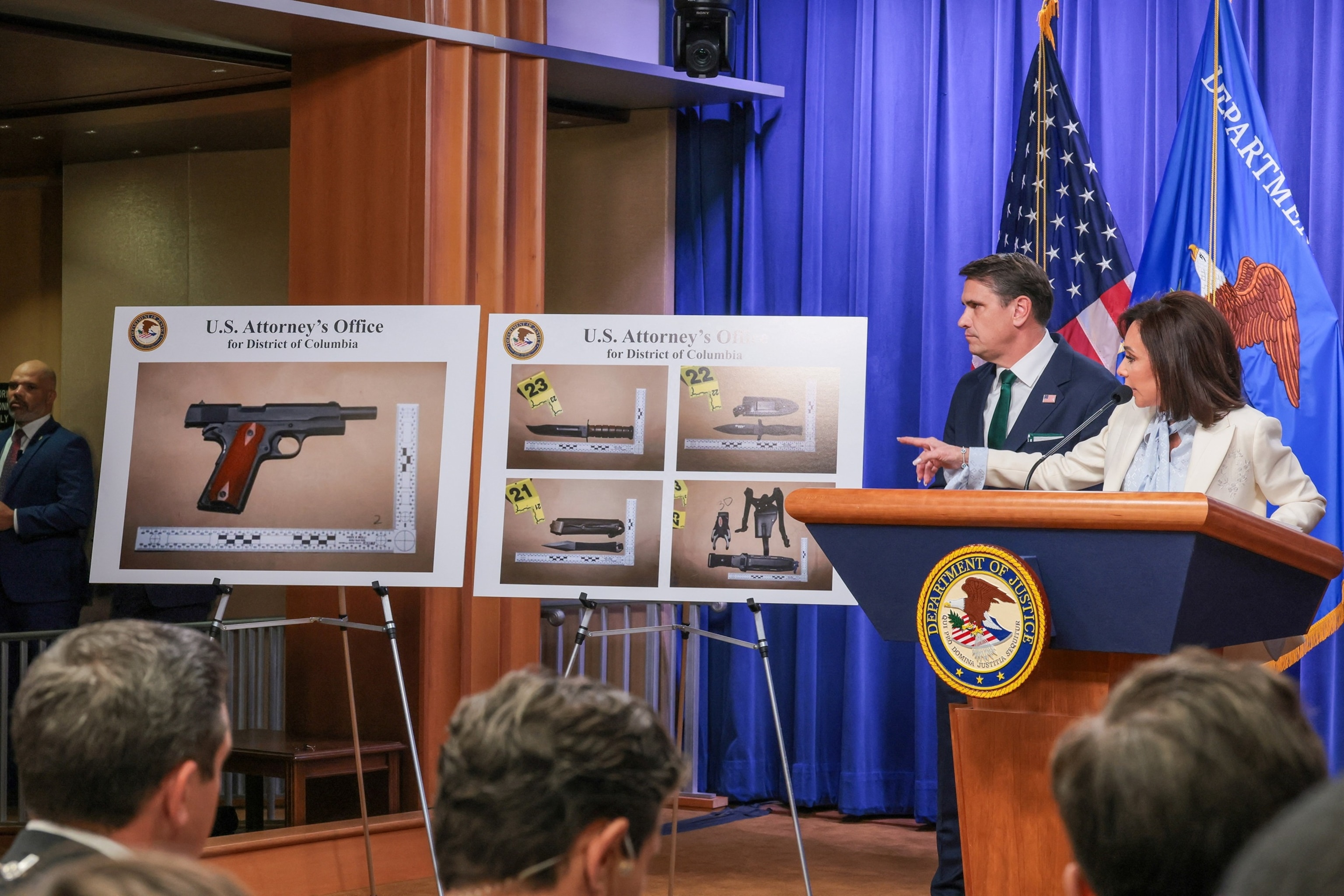 PHOTO: U.S. Attorney for the District of Columbia Jeanine Pirro speaks  at a press conference at the U.S. Department of Justice in Washington, April 27, 2026. 