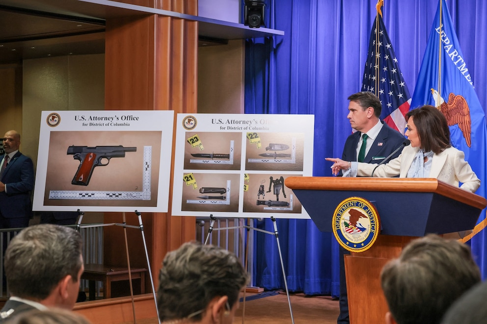PHOTO: U.S. Attorney for the District of Columbia Jeanine Pirro speaks  at a press conference at the U.S. Department of Justice in Washington, April 27, 2026. 