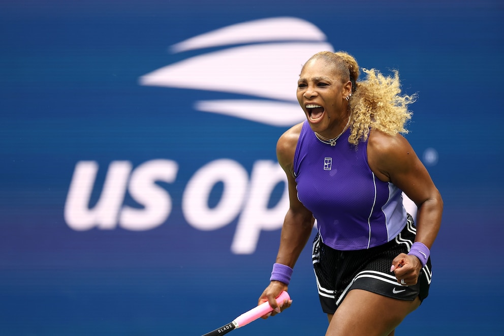 Serena Williams of the United States reacts with partner Carlos Alcaraz of Spain during Fan Week on August 25, 2026 in the Flushing neighborhood of the Queens borough of New York City.