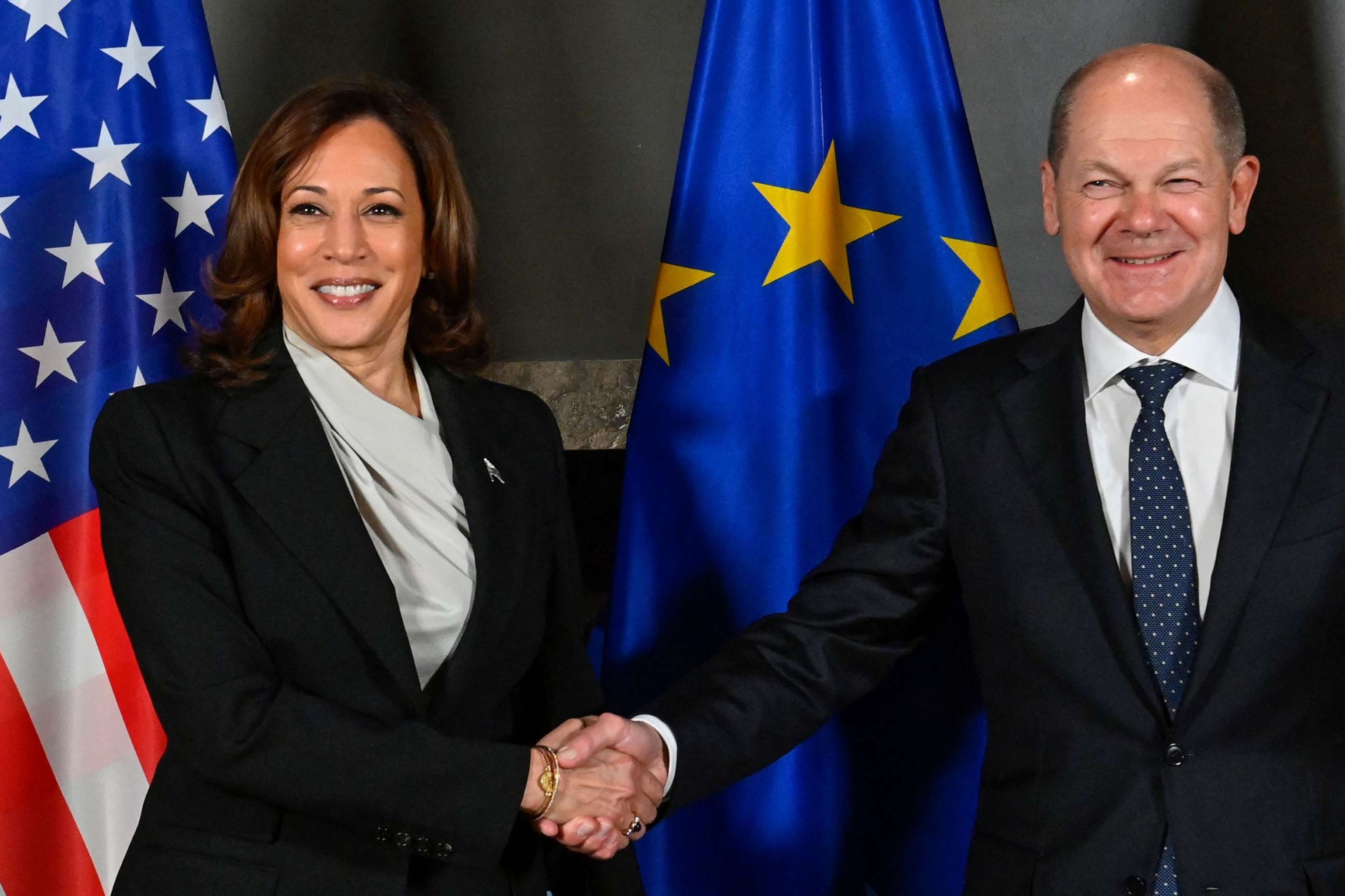 PHOTO: Vice President Kamala Harris and German Chancellor Olaf Scholz shake hands at their bilateral meeting at the Munich Security Conference in Munich, southern Germany, on Feb. 17, 2023.