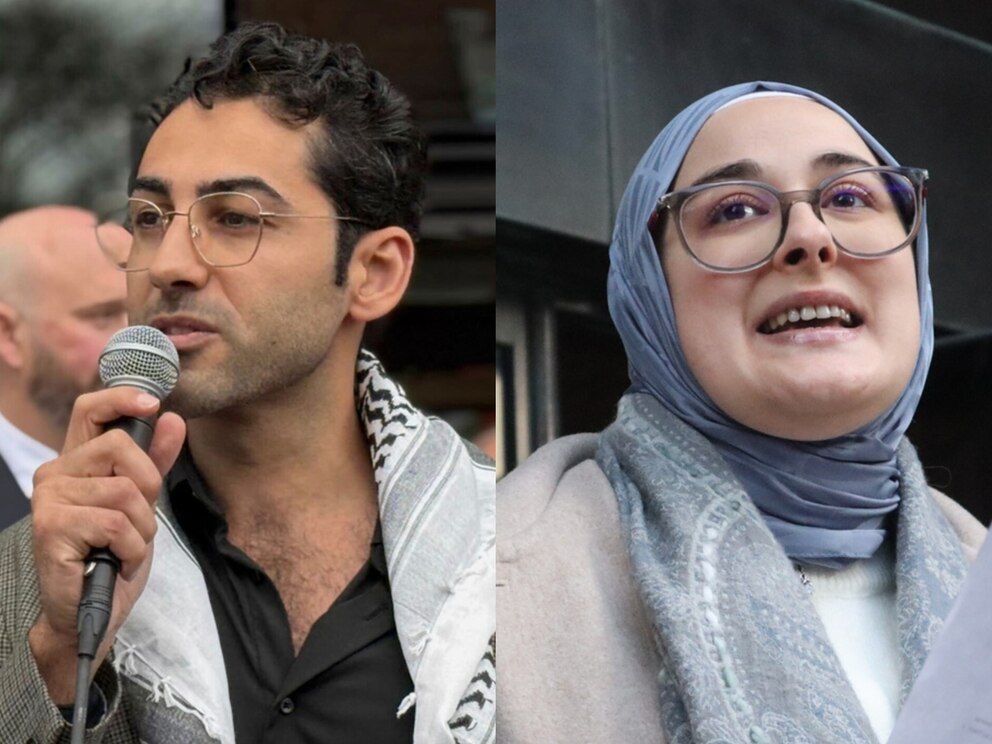 PHOTO: Tufts University doctoral student Rumeysa Ozturk reads from a prepared statement following a court hearing. Mohsen Mahdawi speaks outside the courthouse after a judge released the Palestinian student activist. 
