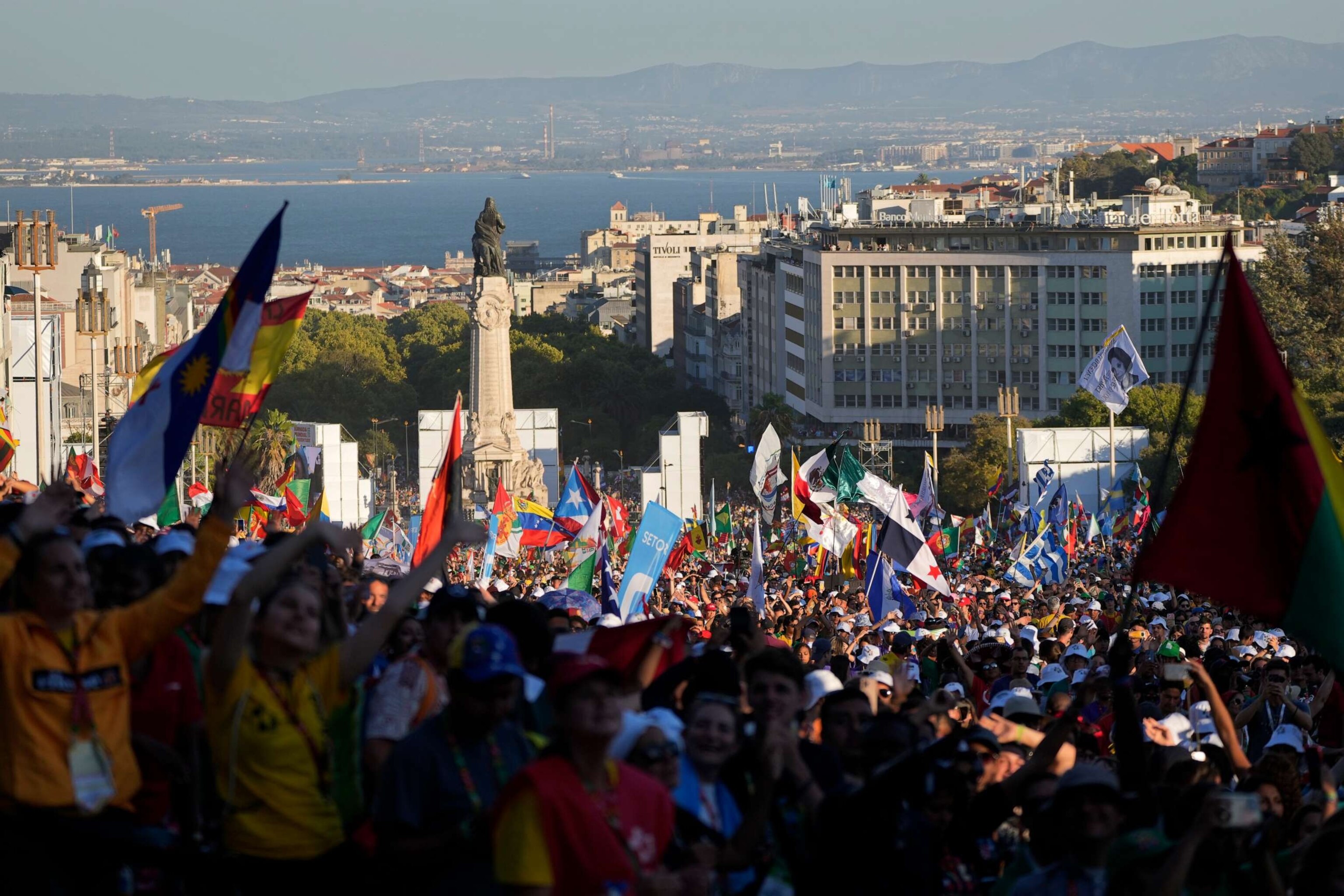 PHOTO: Crowds of worshipers pack the Eduardo VII Park as Pope Francis presides over a via crucis (Way of the Cross) with young people in Lisbon, Friday, Aug. 4, 2023.