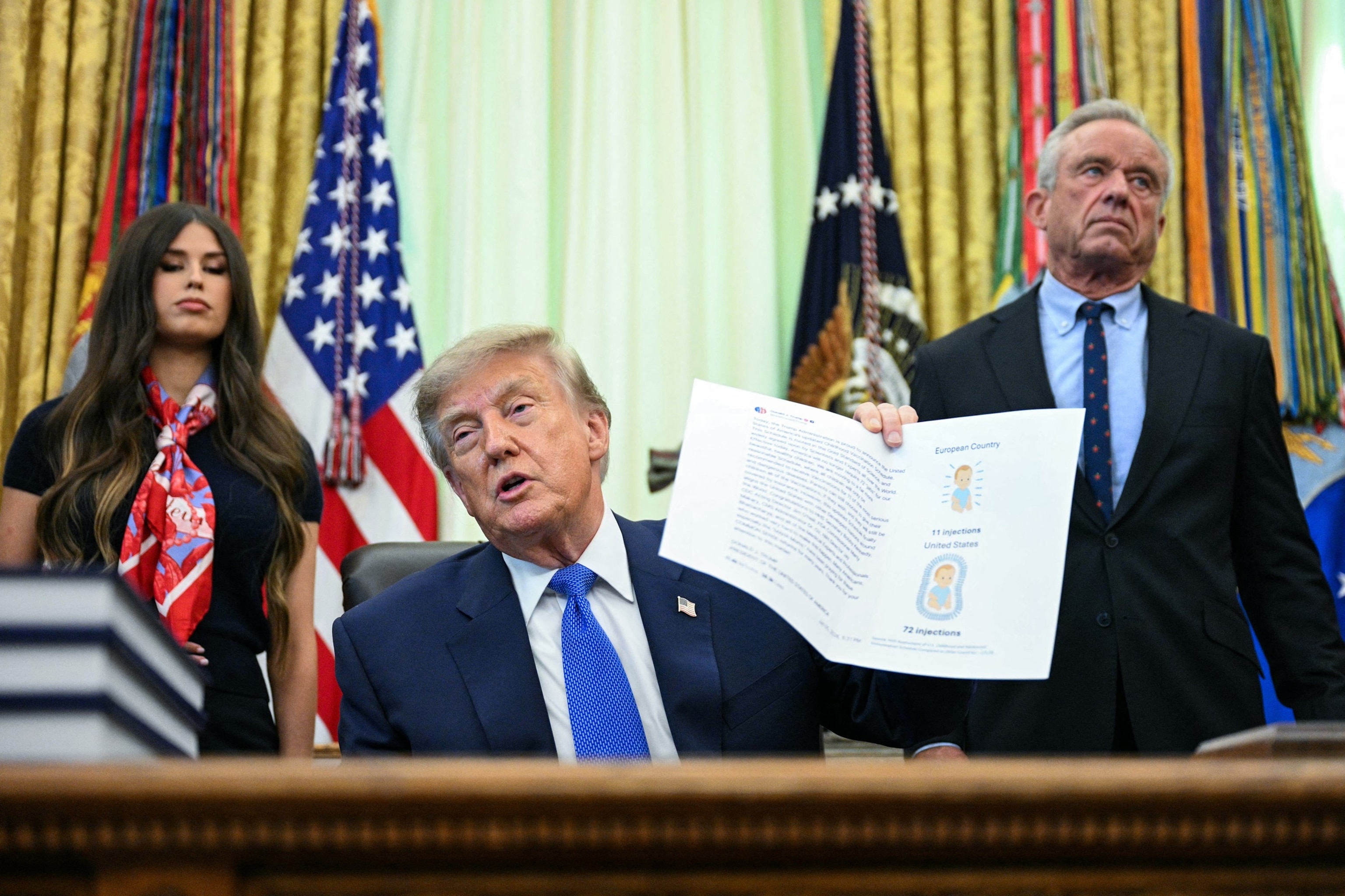 PHOTO: Secretary of Health and Human Services Robert F. Kennedy Jr. looks on as Donald Trump speaks before signing an executive order calling for more research and flexibility on vaccines, in White House in Washington, DC, on August 10, 2026.