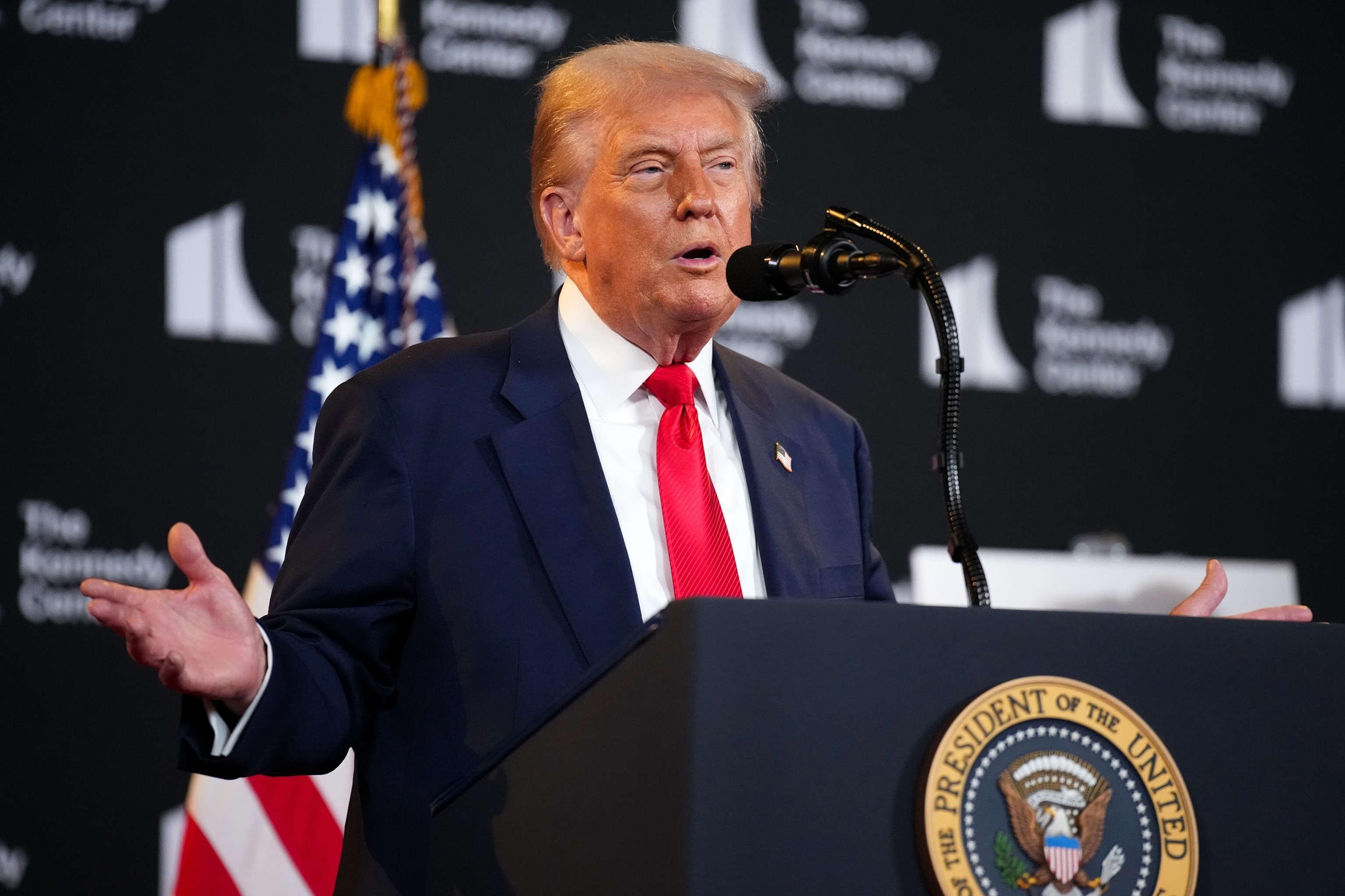 President Donald Trump takes a question from the press during a visit to the Kennedy Center in Washington, August 13, 2025. Andrew Harnik/Getty Images