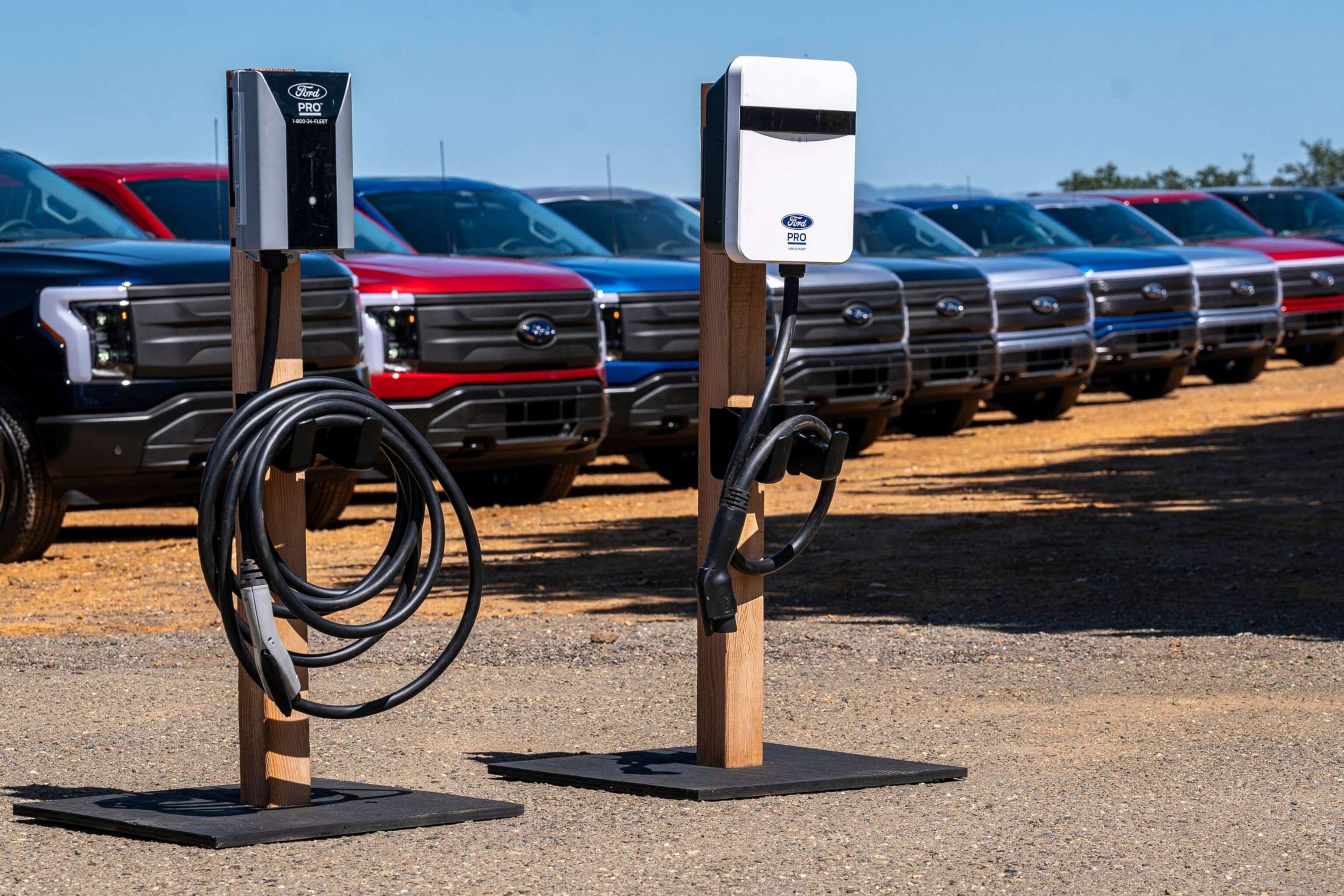 PHOTO: Ford electric vehicle chargers during a media event at Vino Farms in Healdsburg, Calif., May 20, 2022. 