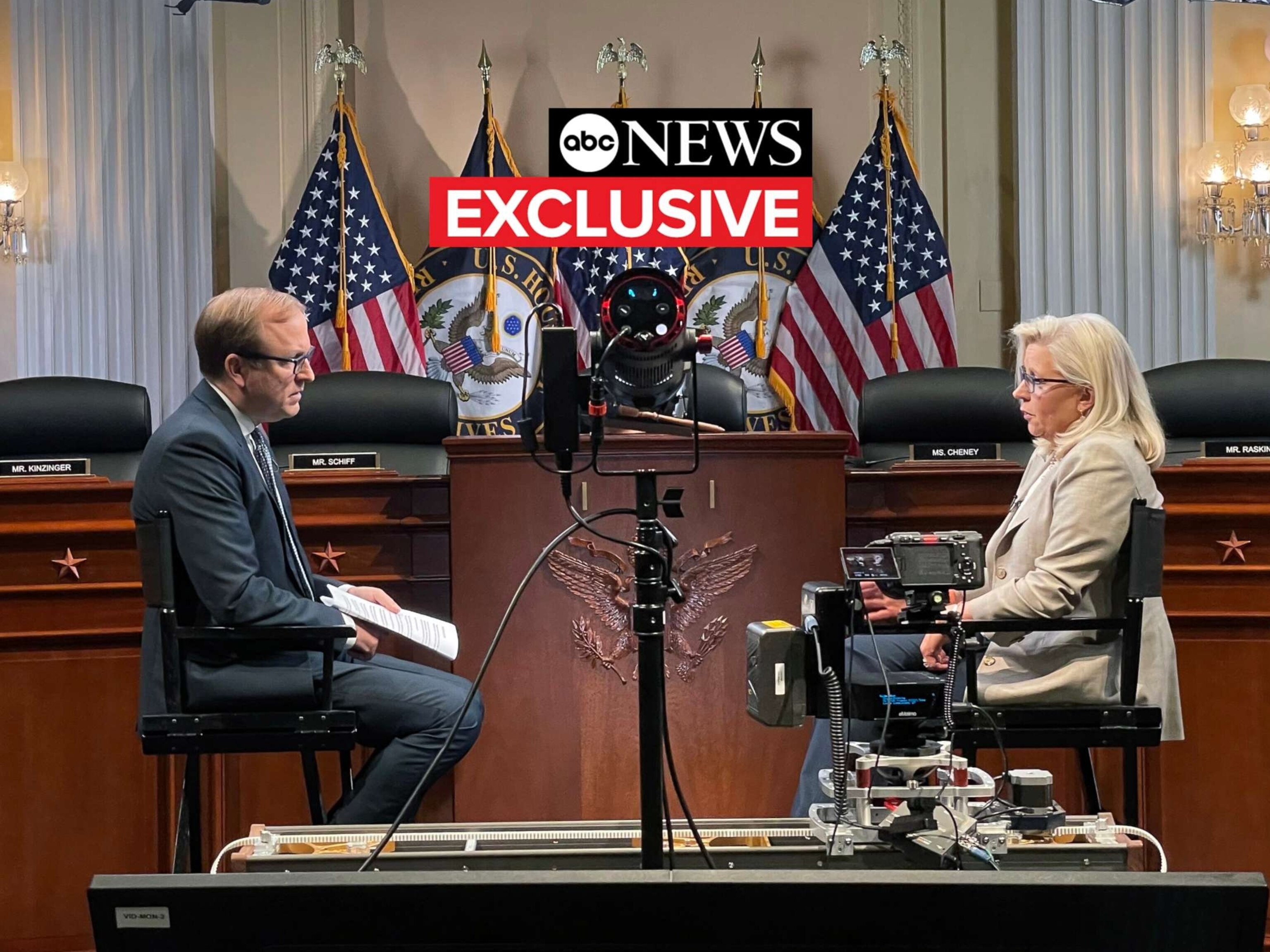 PHOTO: Rep. Liz Cheney speaks with ABC News Chief Washington Correspondent Jon Karl, Aug. 19, 2022, in Washington, D.C.