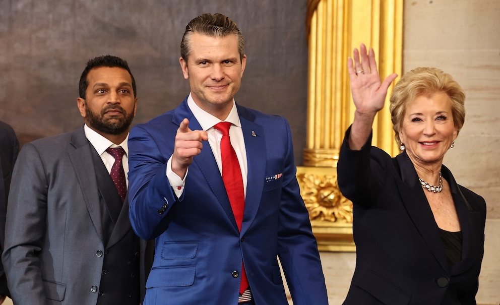 PHOTO: Kash Patel, Pete Hegseth and Linda McMahon depart inauguration ceremonies in the Rotunda of the U.S. Capitol on January 20, 2025 in Washington.