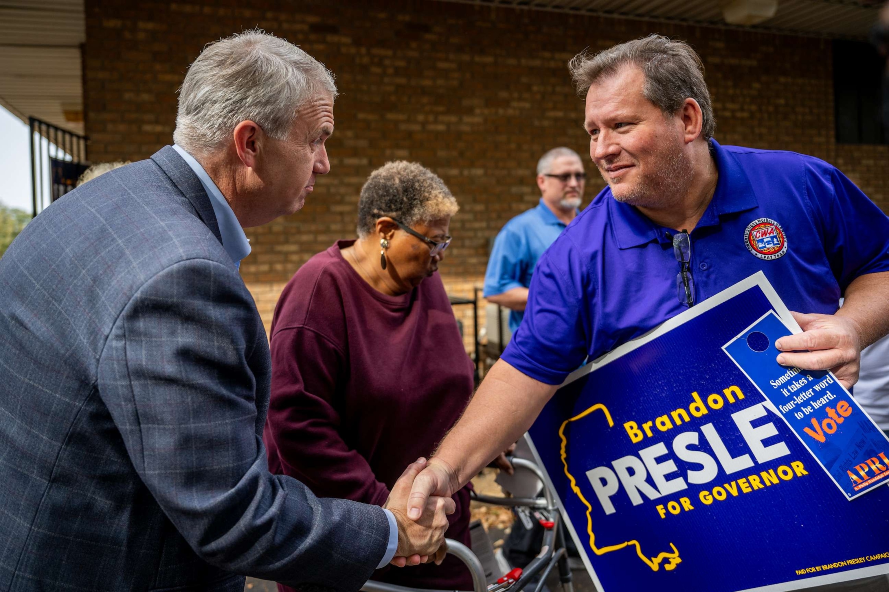 PHOTO: Mississippi Democratic gubernatorial candidate Brandon Presley greets supporters during a campaign stop, Nov. 6, 2023, in Jackson, Miss.