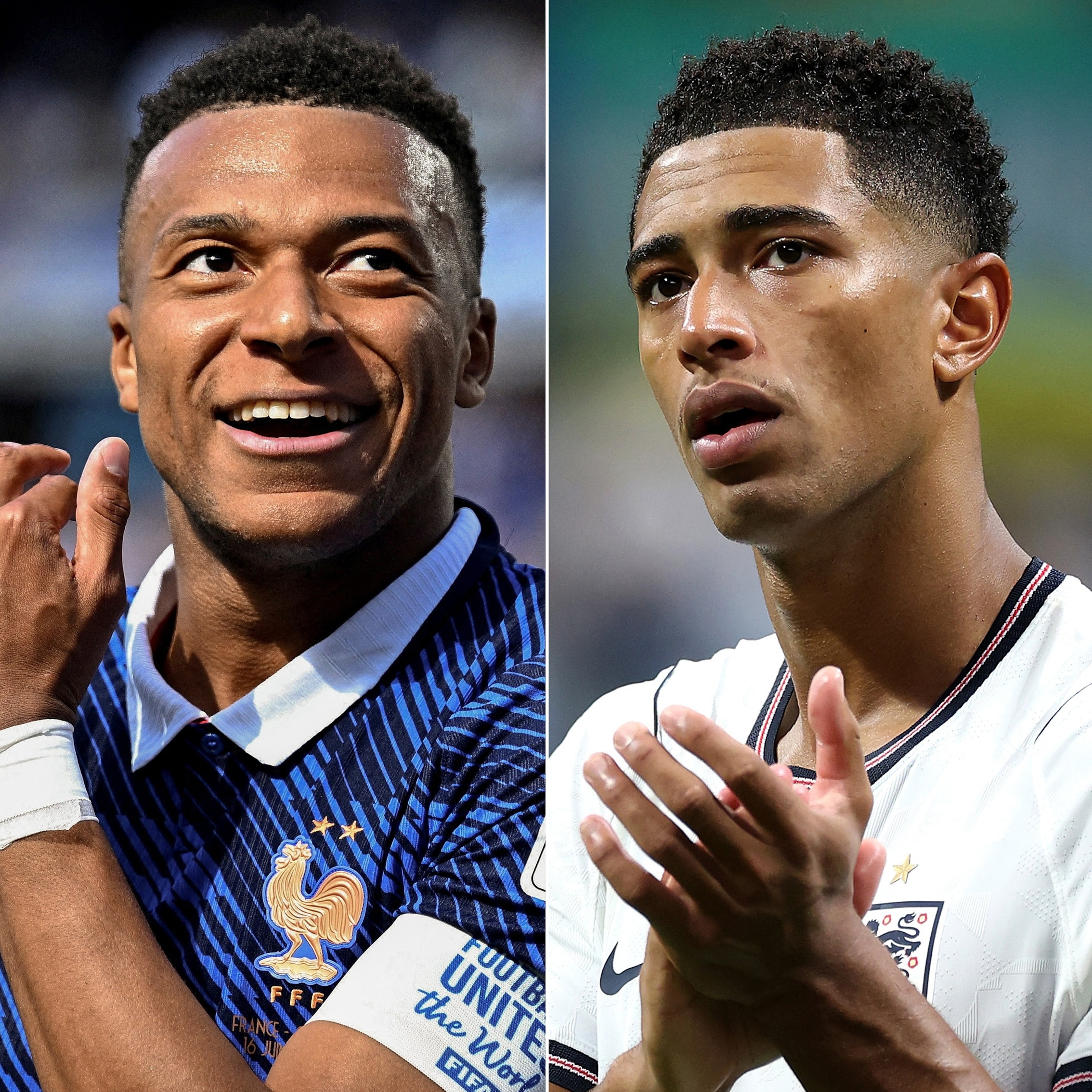 PHOTO: France's Kylian Mbappe in East Rutherford, New Jersey, June 16, 2026 and England's Jude Bellingham in Atlanta, July 15, 2026.
