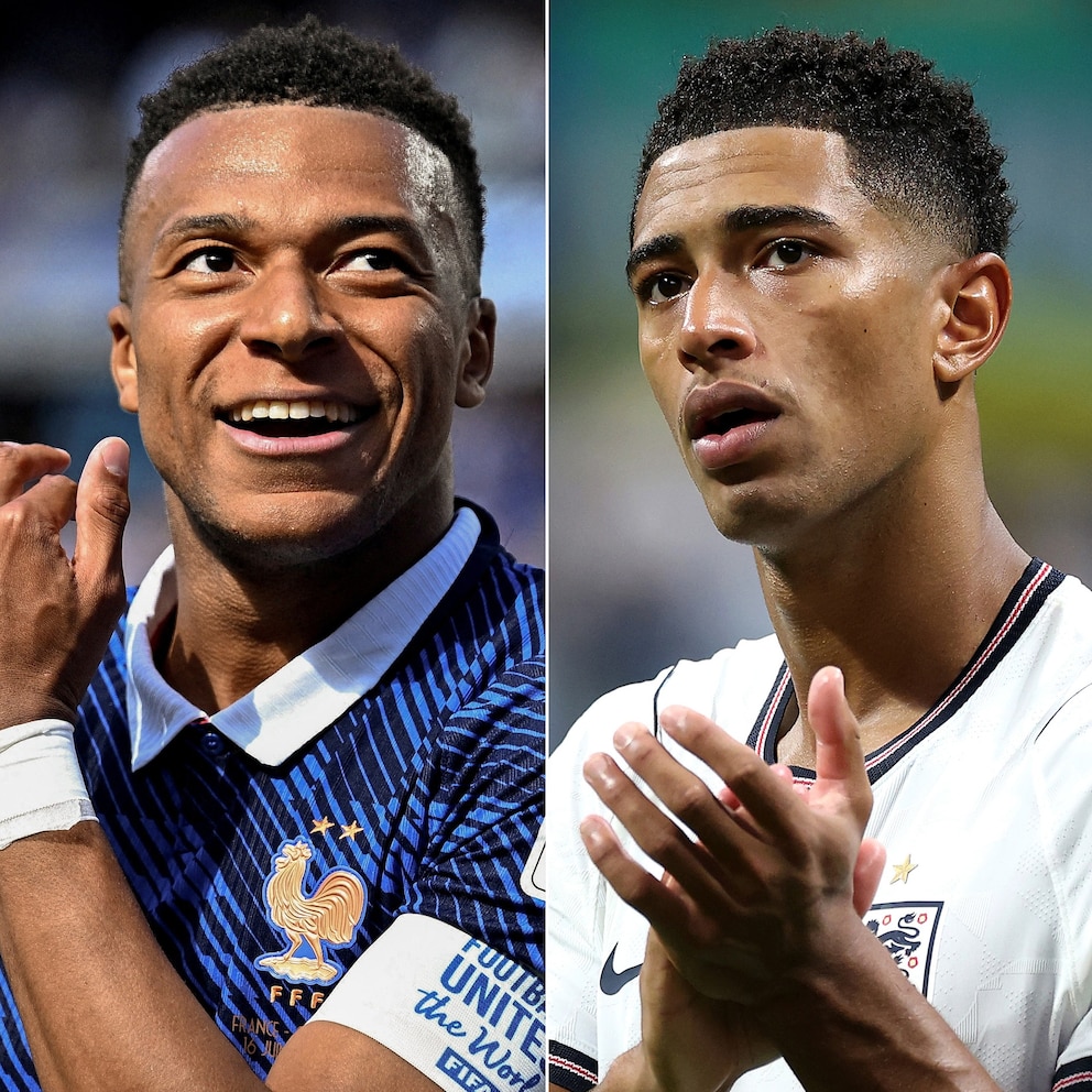 PHOTO: France's Kylian Mbappe in East Rutherford, New Jersey, June 16, 2026 and England's Jude Bellingham in Atlanta, July 15, 2026.