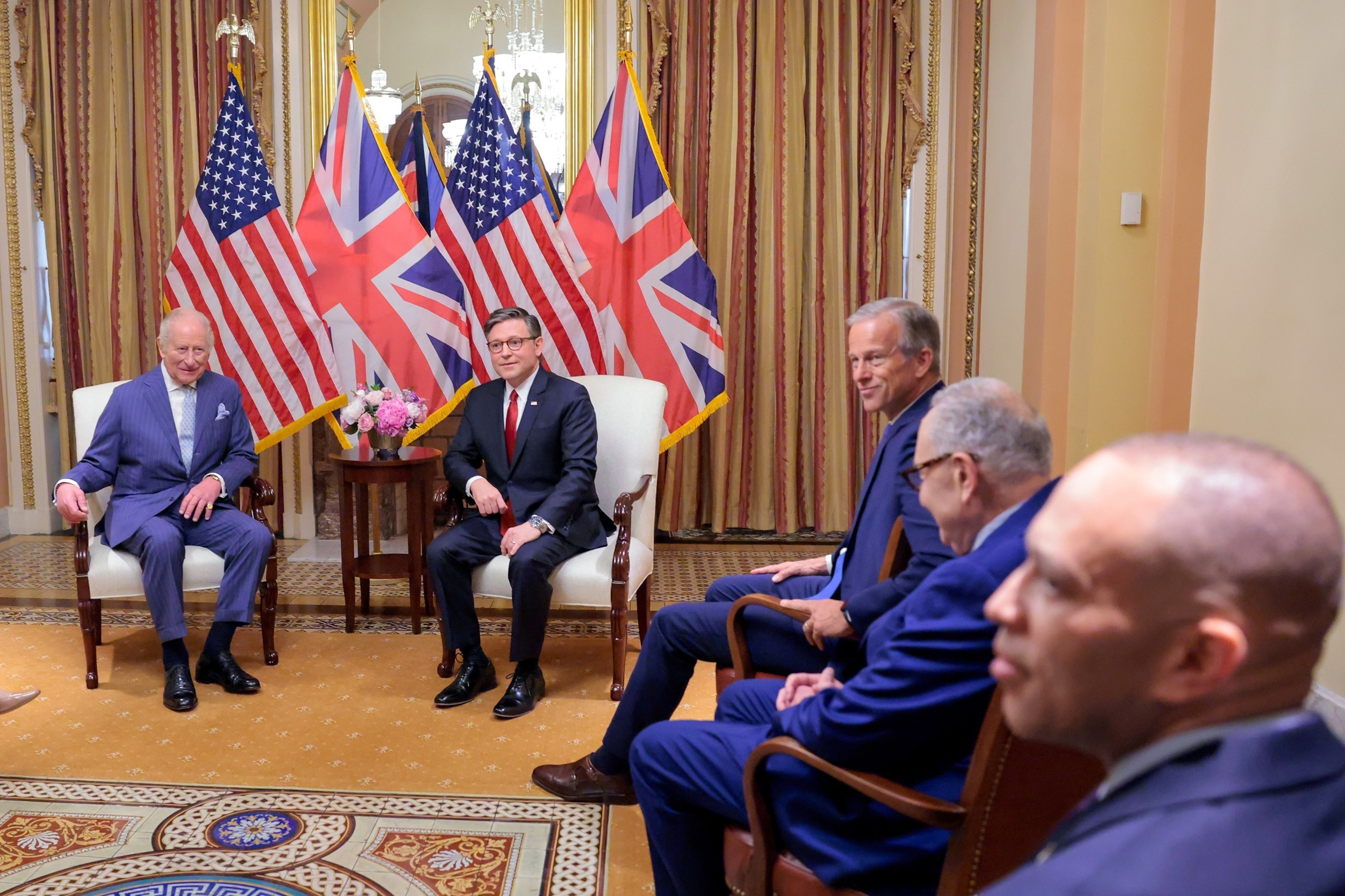 PHOTO: King Charles III meets with Speaker of the House Mike Johnson, Senate Majority Leader John Thune, Senate Minority Leader Chuck Schumer and House Minority Leader Hakeem Jeffries at the U.S. Capitol, April 28, 2026 in Washington.