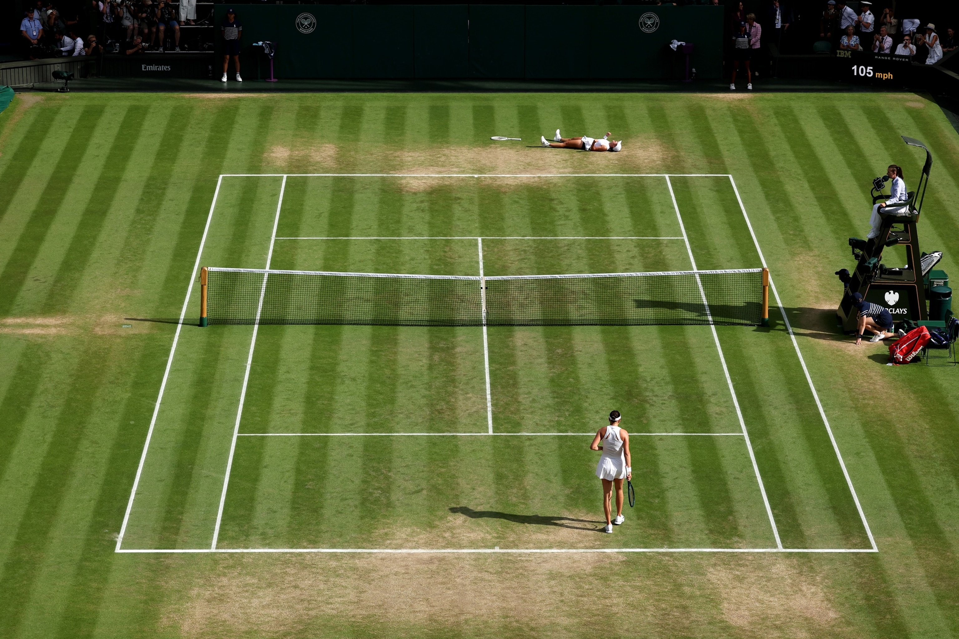 PHOTO: Iga Swiatek of Poland celebrates winning Championship point against Amanda Anisimova of United States in the Ladies' Singles Final on day thirteen of The Championships Wimbledon 2025, July 12, 2025, in London.