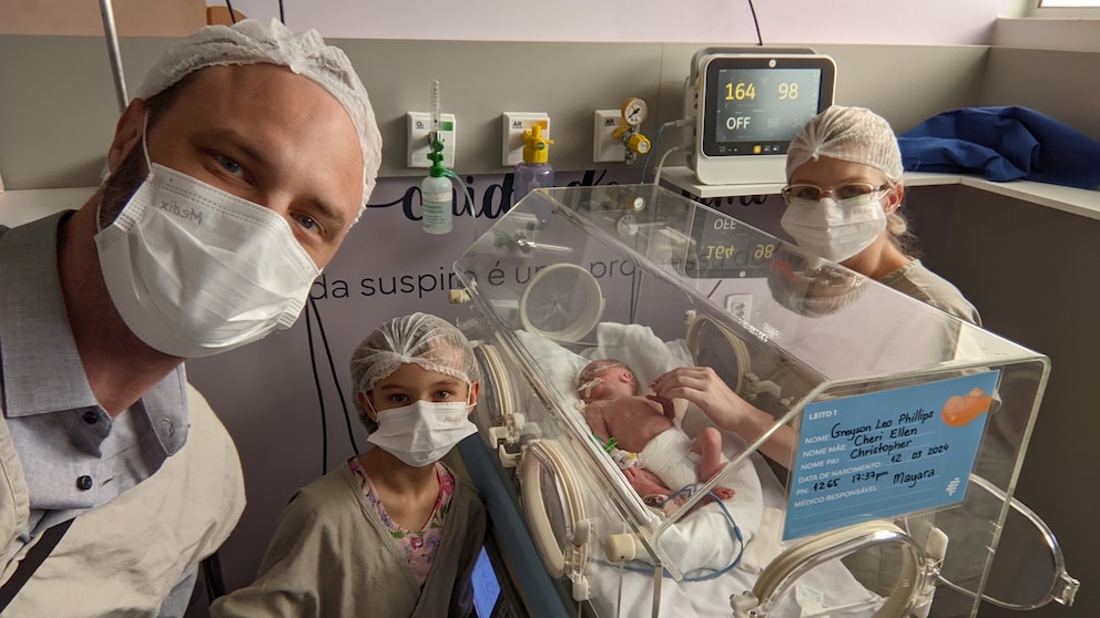 Christopher and Cheri Phillips' son Greyson was born premature on March 12, 2024, while the Minnesota-based family was traveling in Brazil.