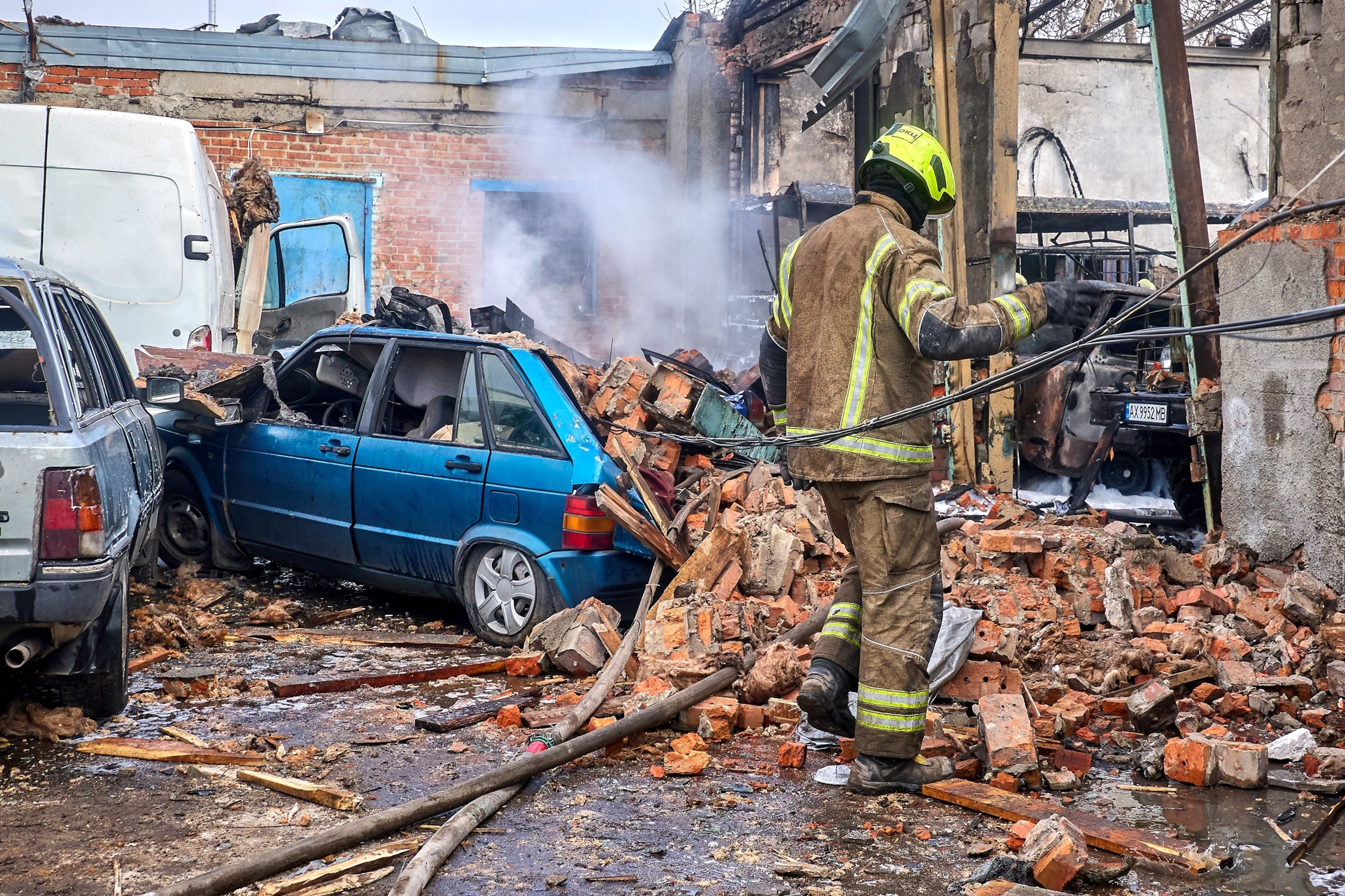 PHOTO: Ukrainian rescuers work at the site of a Russian glide bombs strike in Kharkiv, northeastern Ukraine, Oct. 24, 2025, amid the ongoing Russian invasion.