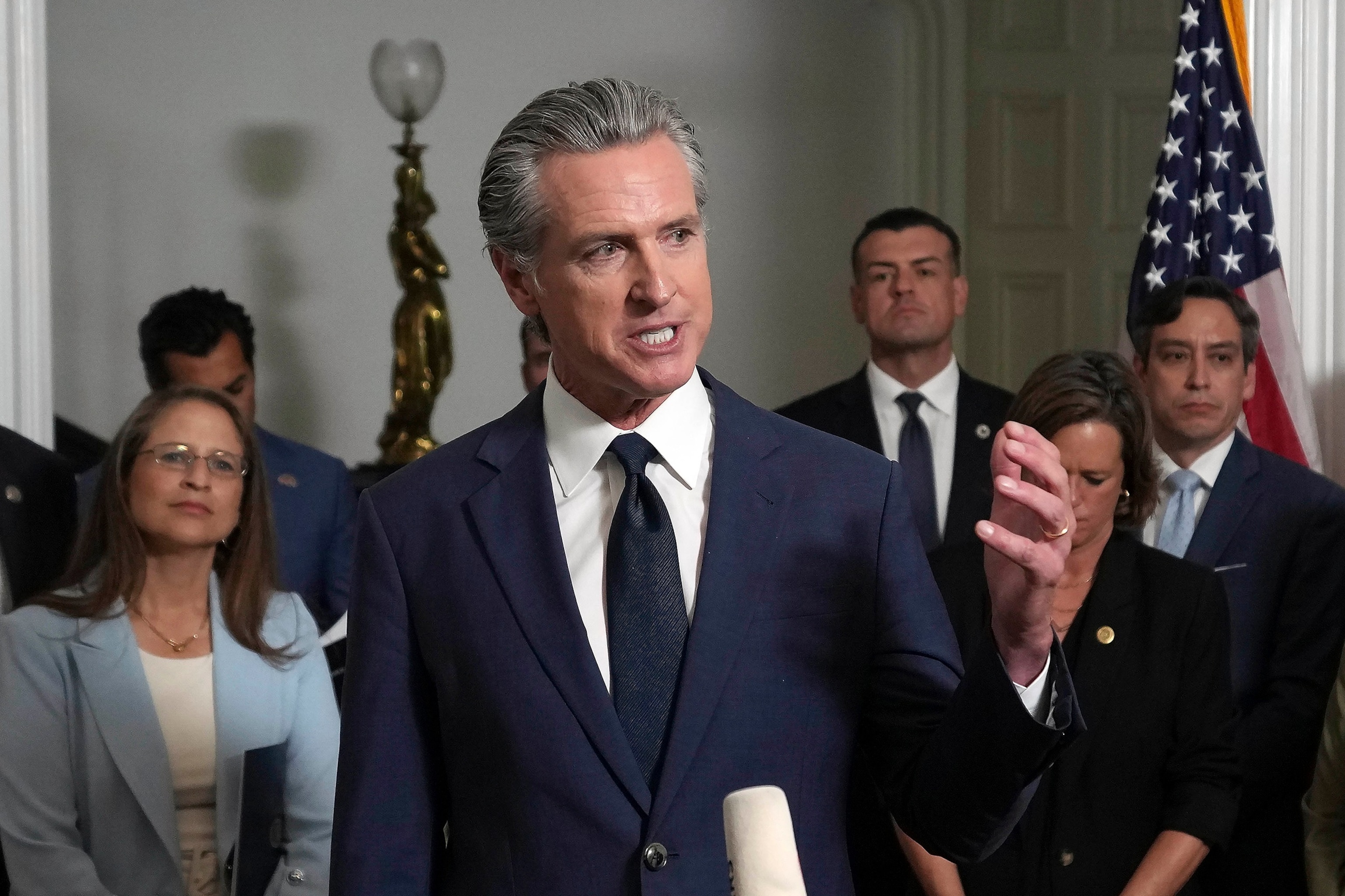 PHOTO: California Gov. Gavin Newsom speaks about the congressional redistricting plan sought by President Donald Trump, during a news conference in Sacramento, Calif., Aug. 8, 2025.