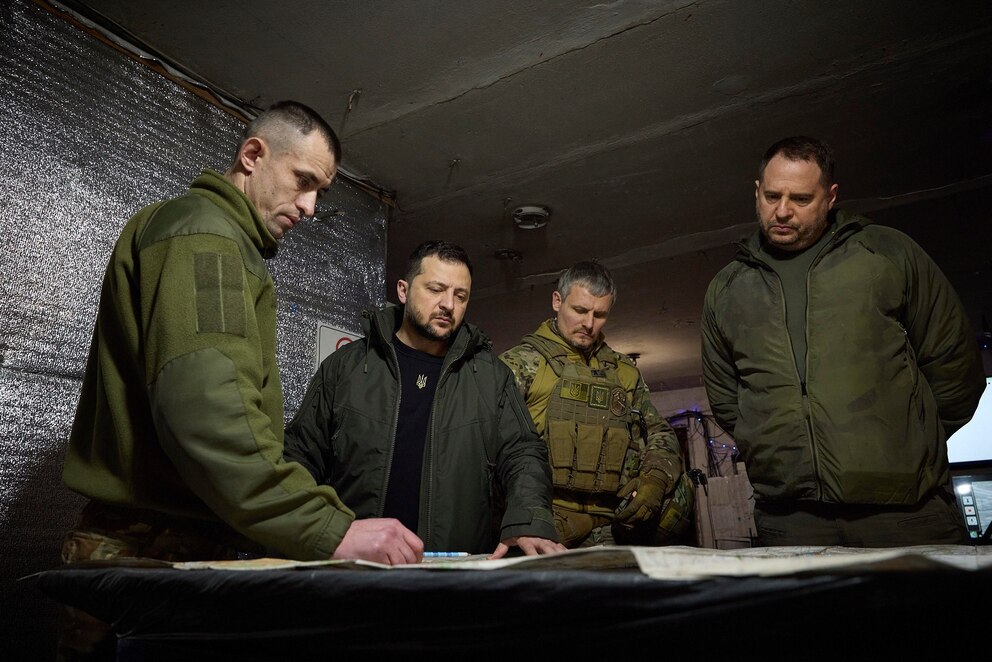 PHOTO: In this photo provided by the Ukrainian Presidential Press Office, Ukrainian President Volodymyr Zelenskyy and Andriy Yermak look at a map during a visit to Avdiivka, in the Donetsk region of Ukraine, on Dec. 29, 2023.
