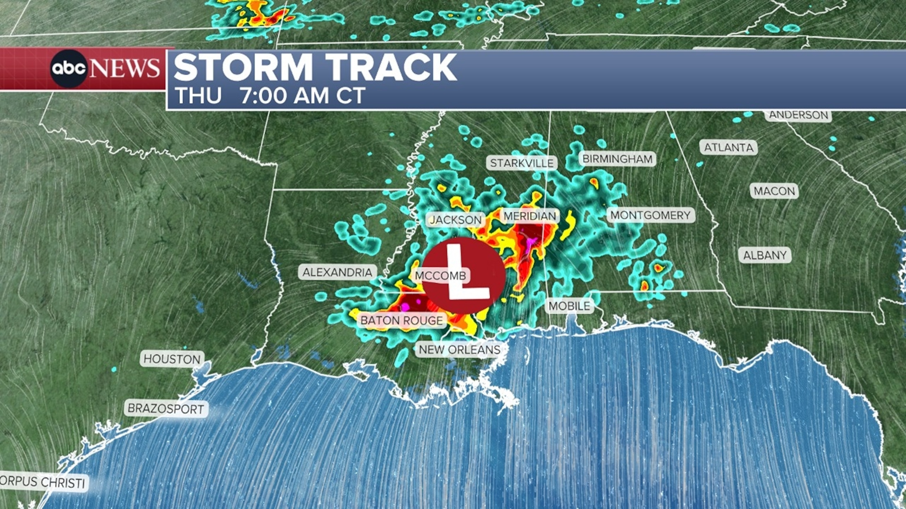 PHOTO: At 7am Thursday, the storm will bring heavy, potentially flooding rain to the Baton Rouge and Meridian areas. 