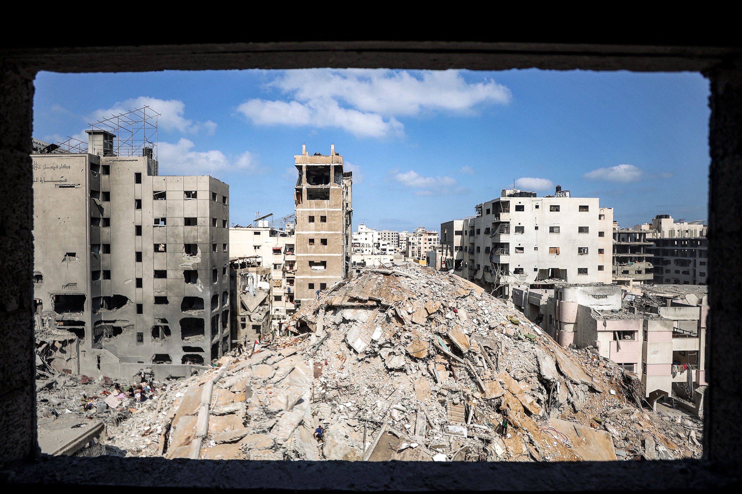 PHOTO: The mound of rubble at the site of the Unknown Soldier Tower, destroyed by overnight Israeli bombardment, is pictured in the Rimal neighbourhood of Gaza City on Sept. 15, 2025.