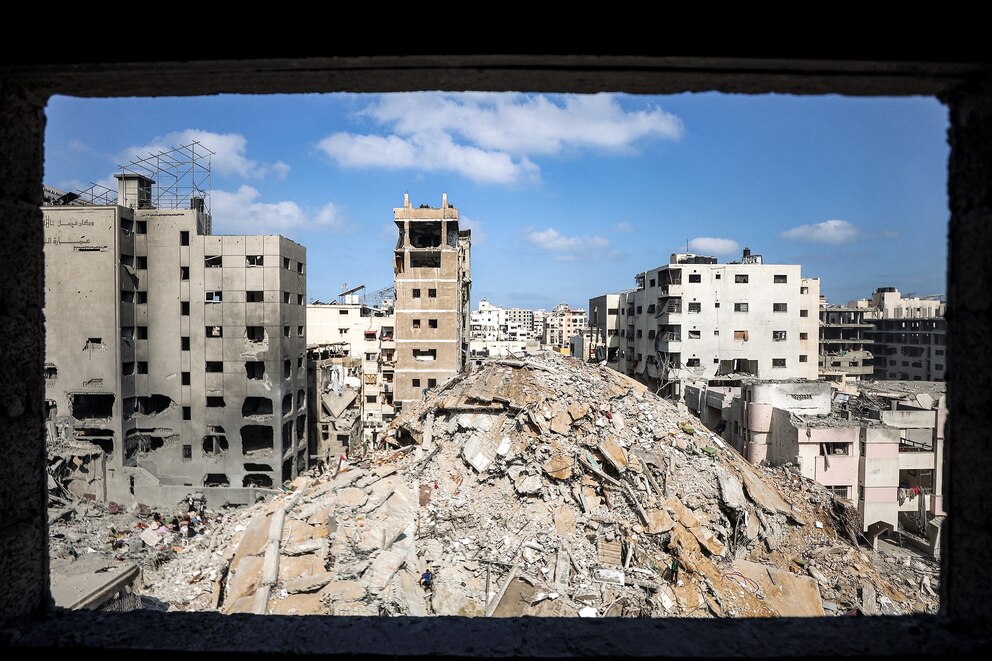 PHOTO: The mound of rubble at the site of the Unknown Soldier Tower, destroyed by overnight Israeli bombardment, is pictured in the Rimal neighbourhood of Gaza City  on Sept. 15, 2025.