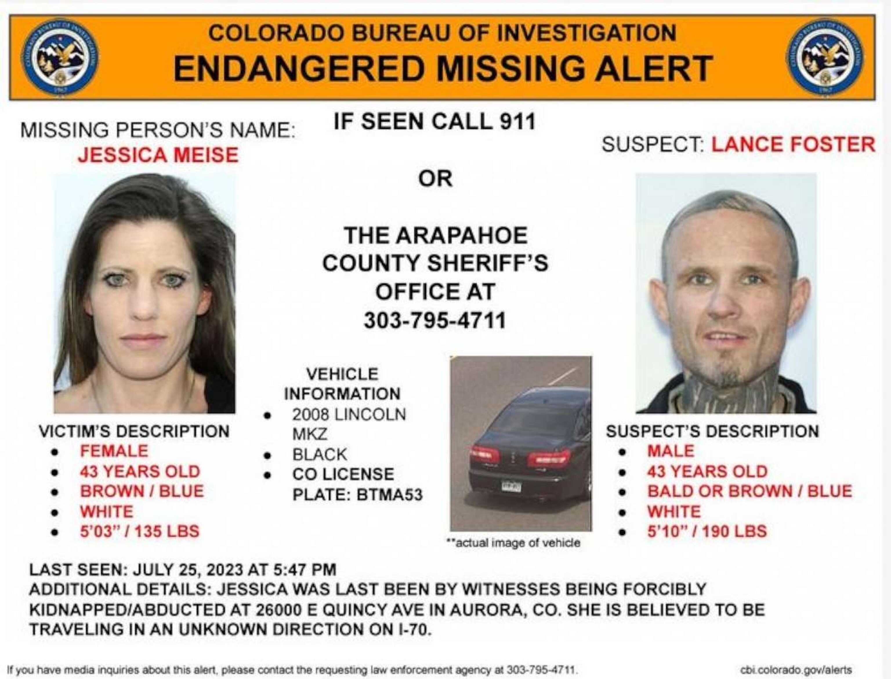 PHOTO: Police released images of Jessica Meise and Lance Foster, right, when Meise went missing and Foster was suspected of kidnapping her. She was found alive in Wheat Ridge, Colo., July 26, 2023.