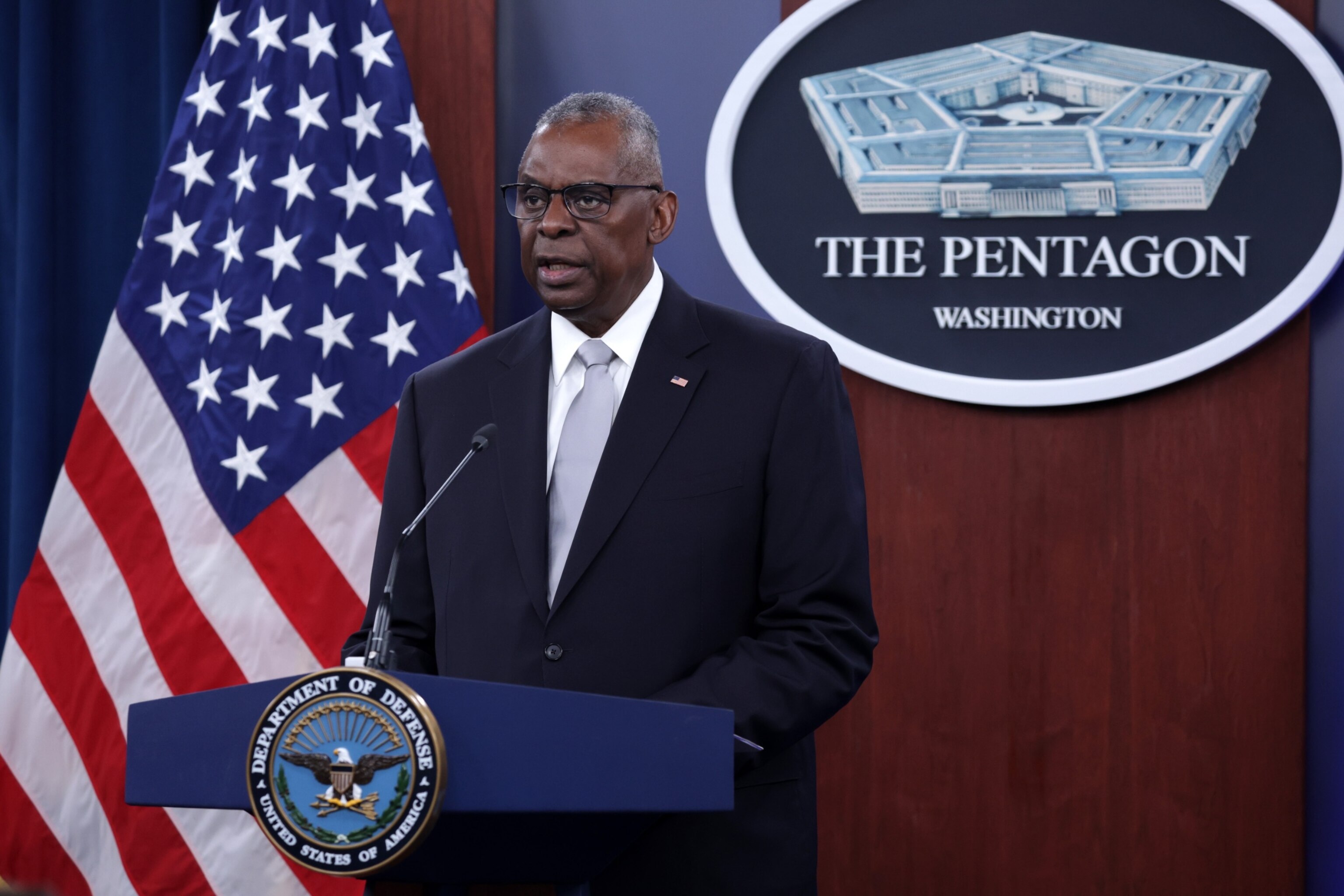 PHOTO: Secretary of Defense Lloyd Austin speaks during a news conference at the Pentagon in Arlington, VA, Feb. 1, 2024.
