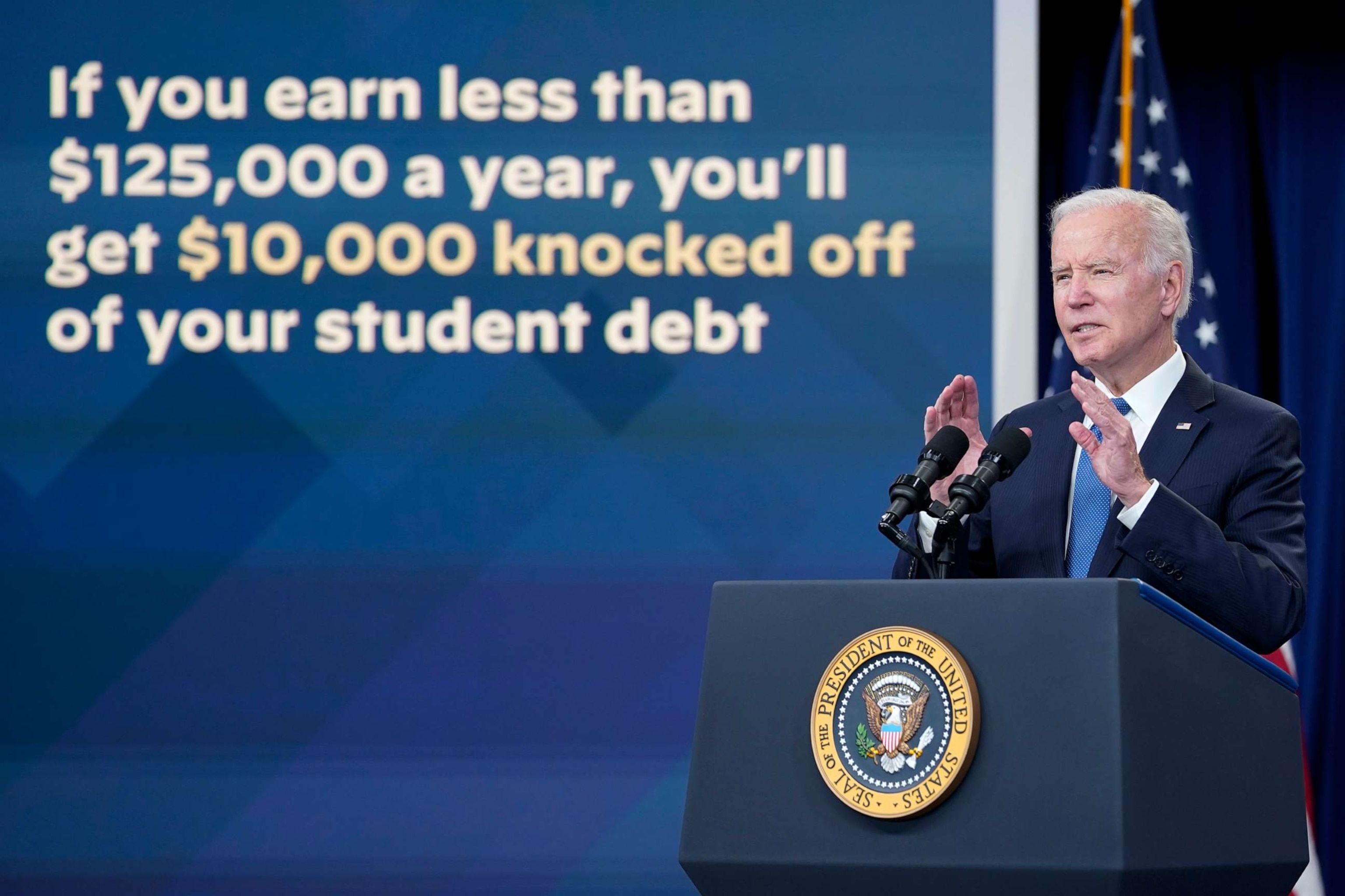 PHOTO: President Joe Biden speaks about the student debt relief portal beta test in the South Court Auditorium on the White House complex in Washington, D.C., Oct. 17, 2022.