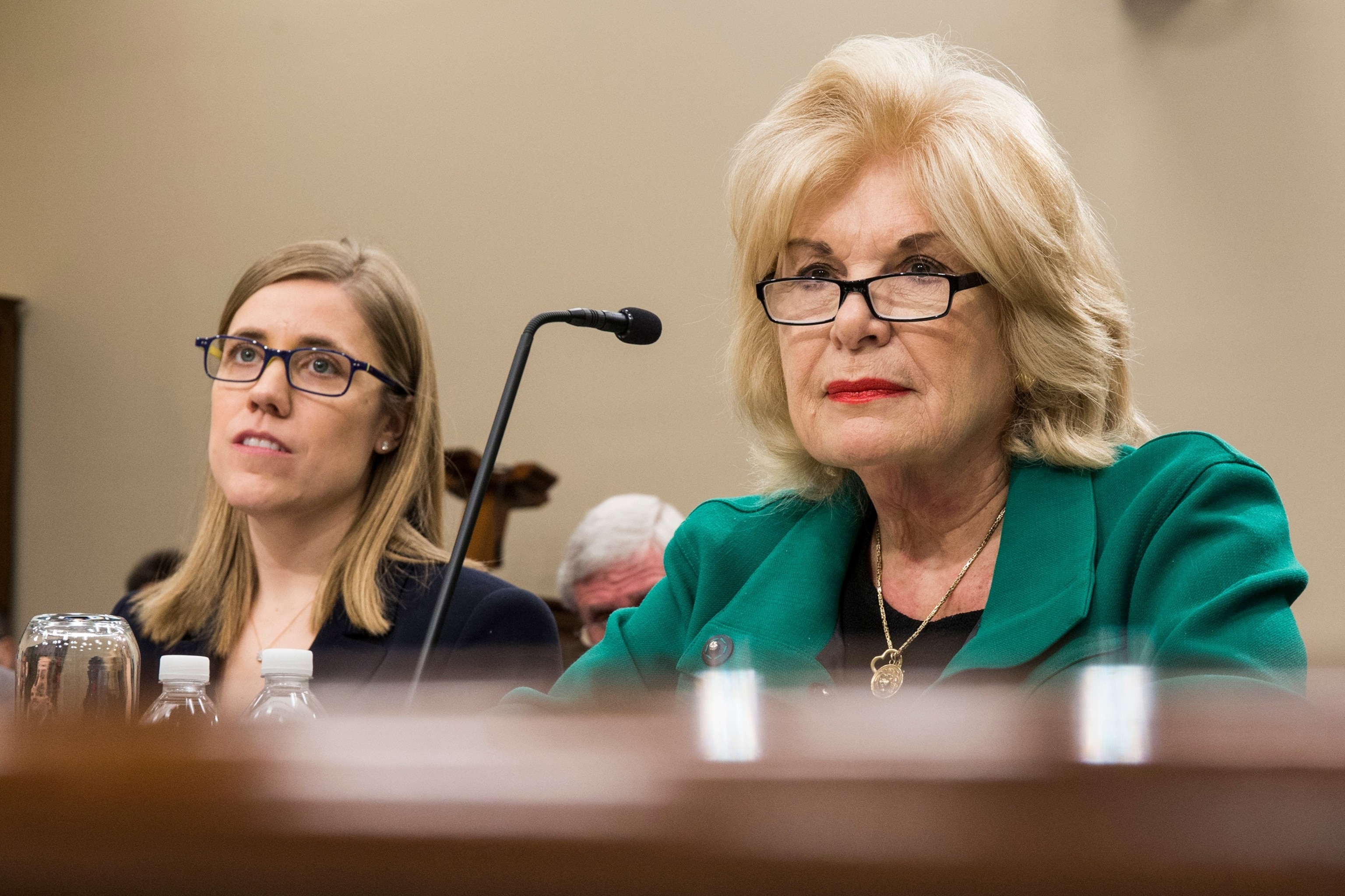 PHOTO: Patricia de Stacy Harrison (R), president and CEO of the Corporation for Public Broadcasting (CPB), testifies before a House subcommittee on Capitol Hill on March 28, 2017 in Washington, D.C.