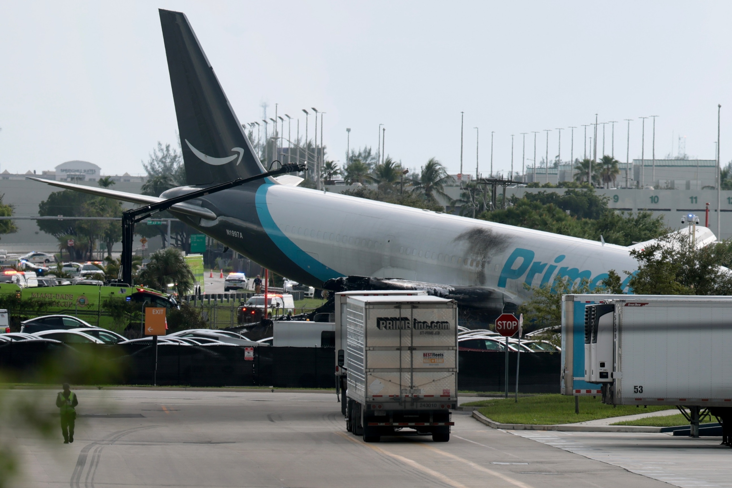 An Amazon cargo plane is seen after it crashed at Miami International Airport on Sept. 6, 2026, in Miami, Florida.