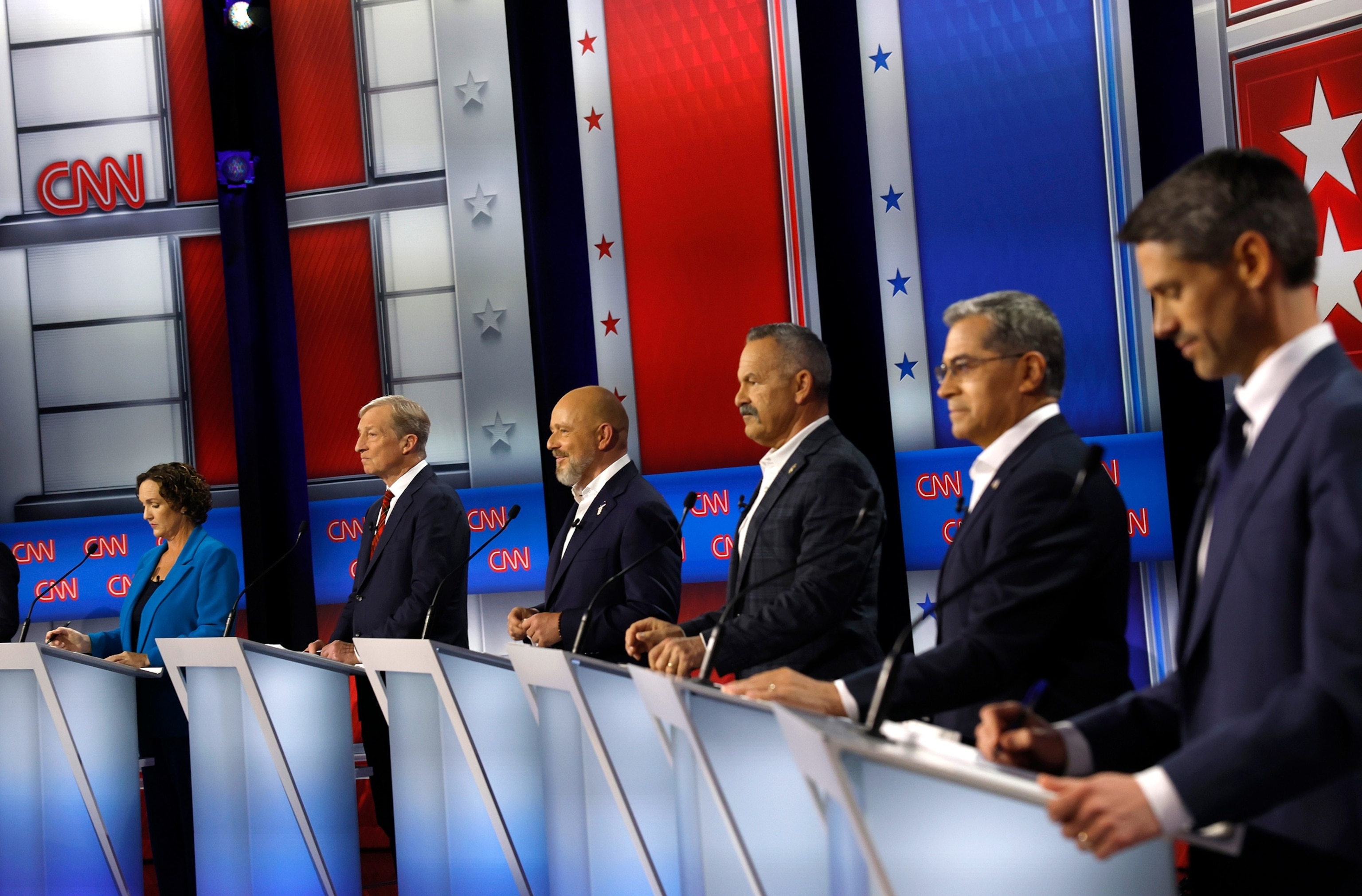PHOTO: California gubernatorial candidates look on during a CNN California Governor Primary Debate at East Los Angeles College, on May 5, 2026, in Monterey Park, Calif.