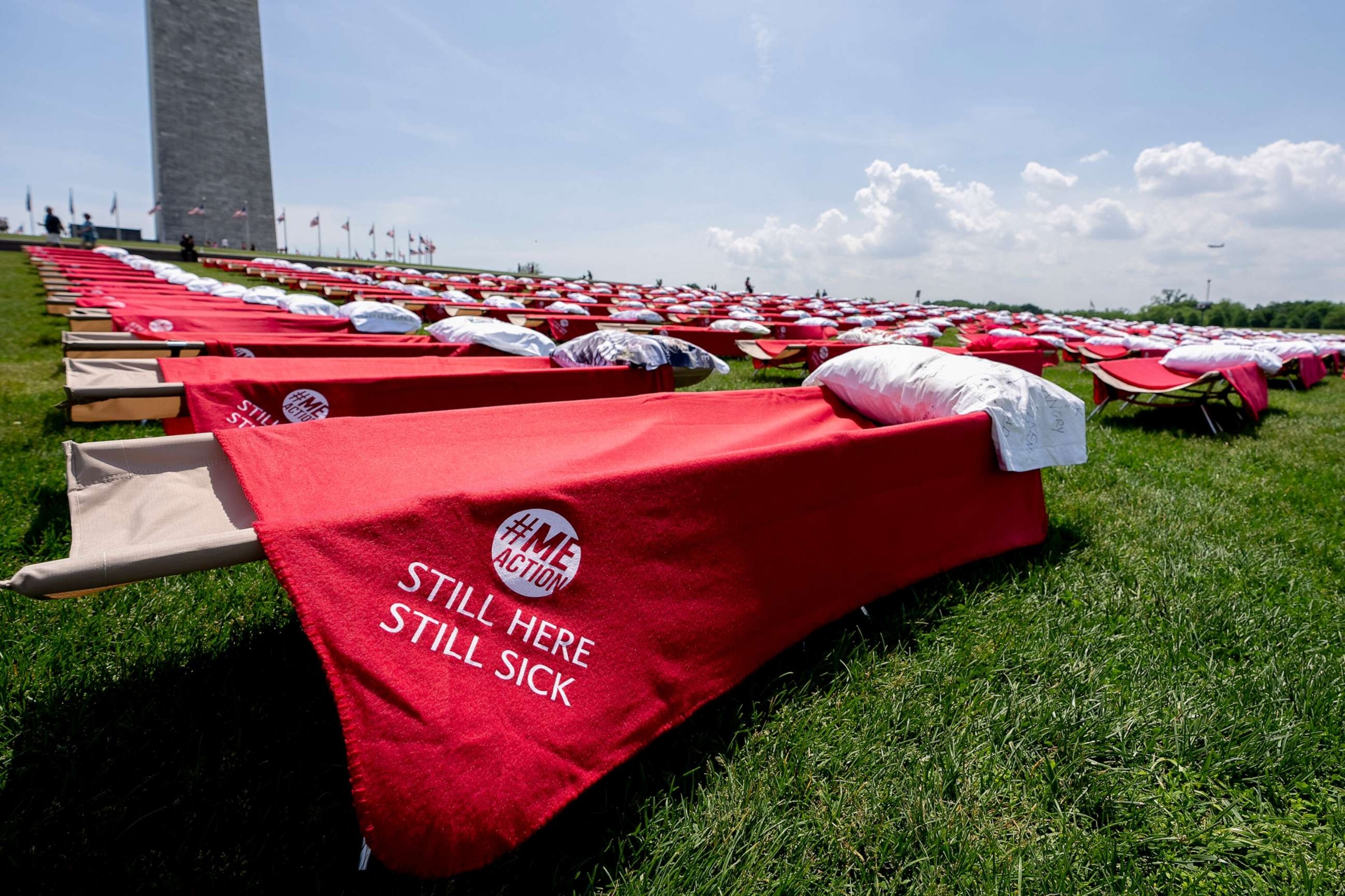 PHOTO: Advocates for people suffering from long COVID-19 and myalgic encephalomyelitis/chronic fatigue syndrome host an installation of 300 cots to represent the millions of people suffering, May 12, 2023, in Washington, D.C.