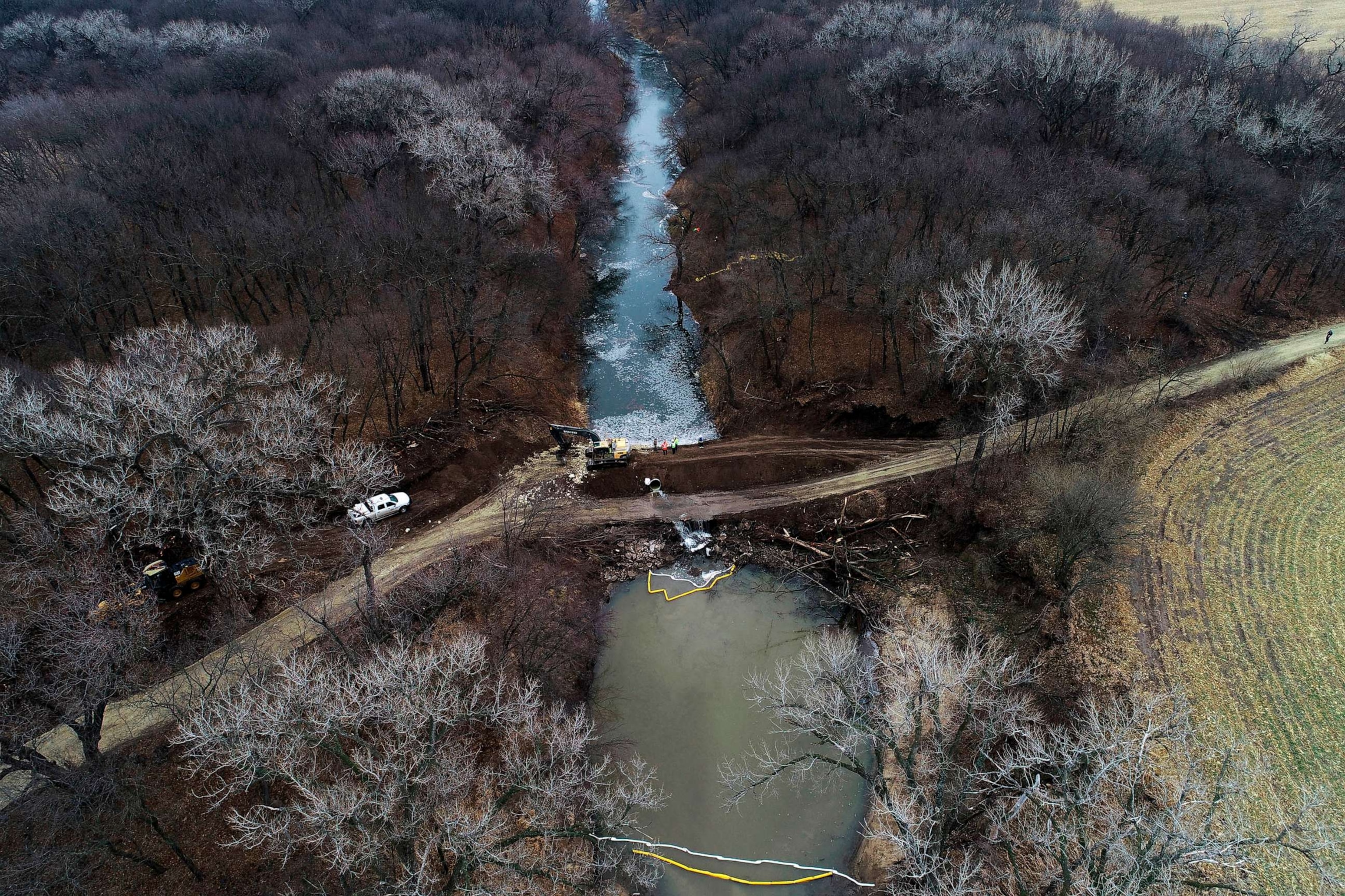 PHOTO: In this photo taken by a drone, cleanup continues in the area where the ruptured Keystone pipeline dumped oil into a creek in Washington County, Kan., on Dec. 9, 2022.