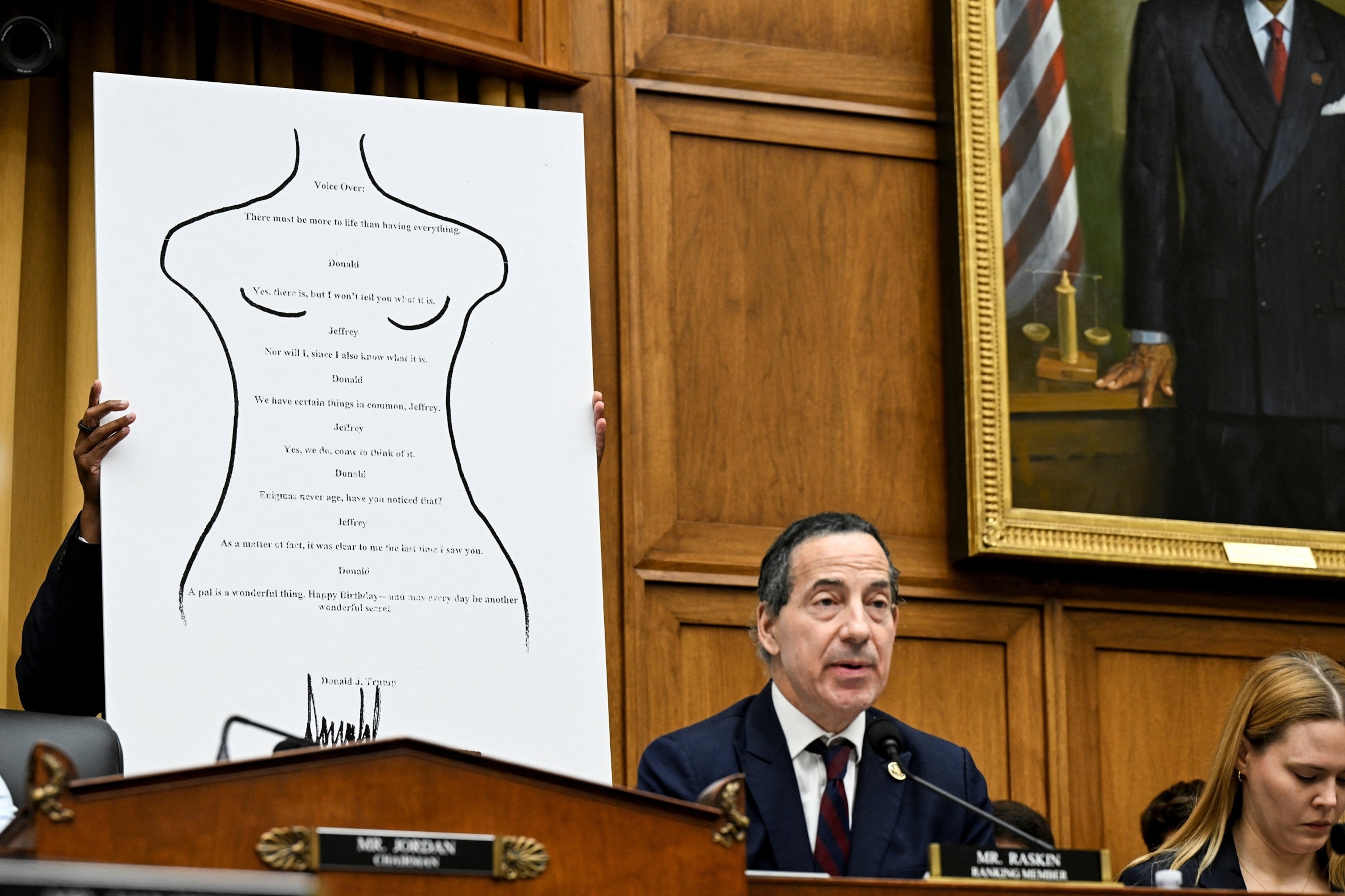 Representative Jamie Raskin displays alleged birthday letter from Trump to Epstein during House hearing