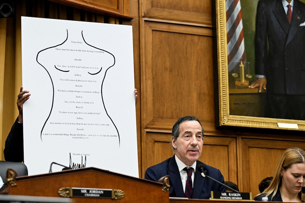 PHOTO: A birthday letter that President Donald Trump allegedly wrote to disgraced financier Jeffrey Epstein is displayed while Rep. Jamie Raskin speaks during a House Judiciary Committee hearing with FBI Director Kash Patel, in Washington, Sep. 17, 2025. 