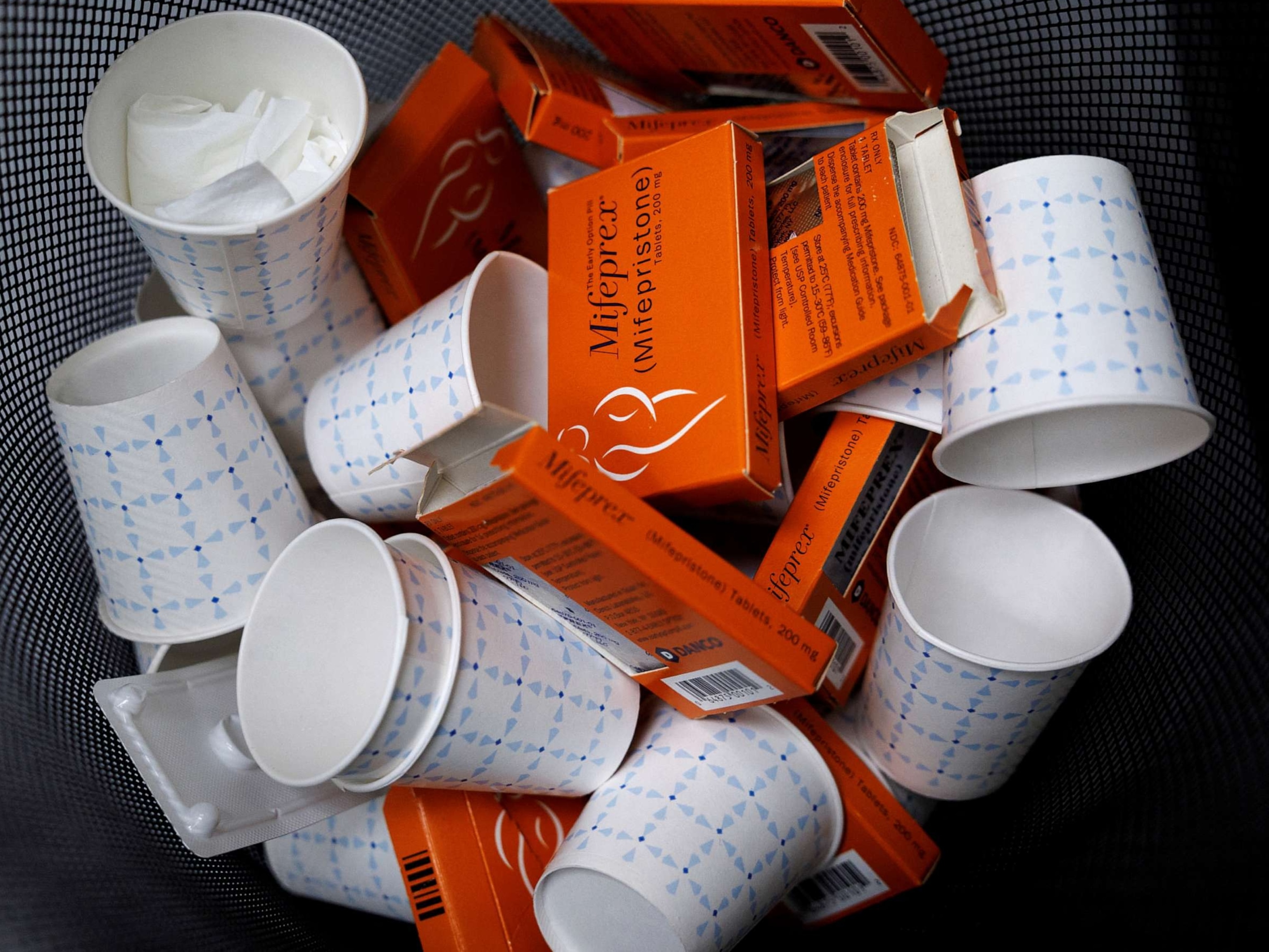 PHOTO: Used boxes of Mifepristone pills, the first drug used in a medical abortion, fill a trash at Alamo Women's Clinic in Albuquerque, N.M., Jan. 11, 2023.