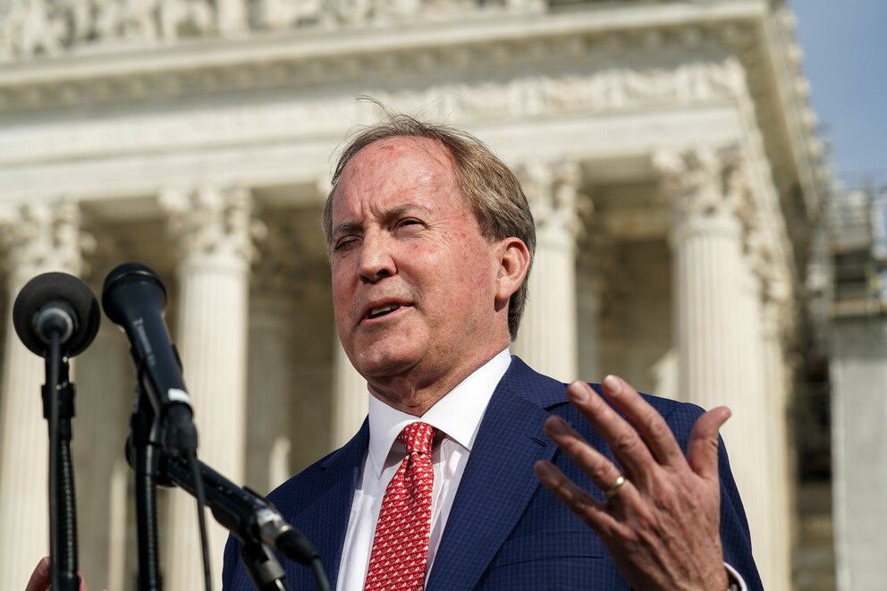 PHOTO: Ken Paxton, Texas Attorney General, speaks with the media after oral arguments were heard by the United States Supreme Court, Feb. 26, 2024.