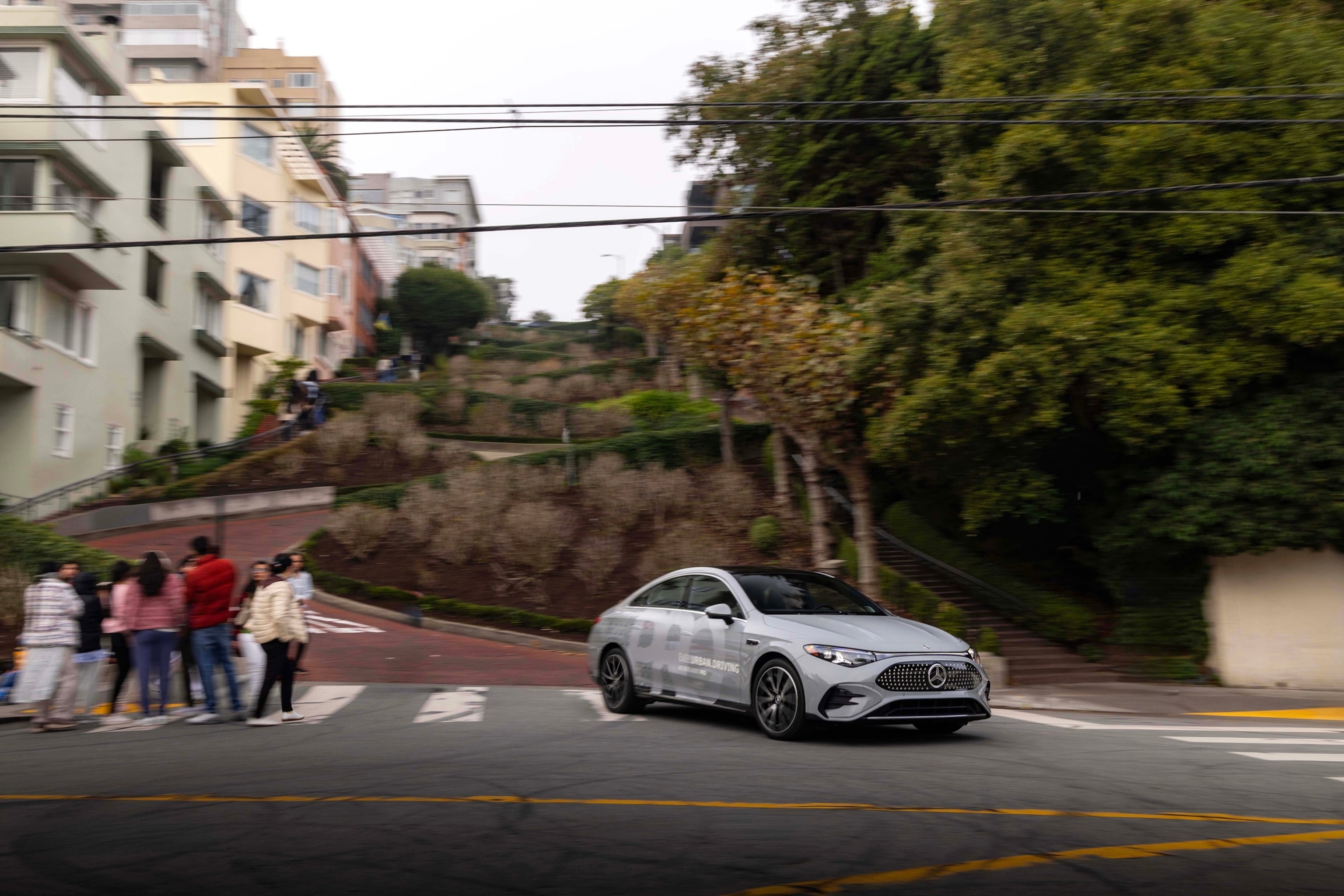 PHOTO: A Mercedes-Benz electric CLA that has been equipped with MB.Drive Assist Pro, the company's SAE-Level 2 assistance tech. Engineers have been testing it on the streets of San Francisco.