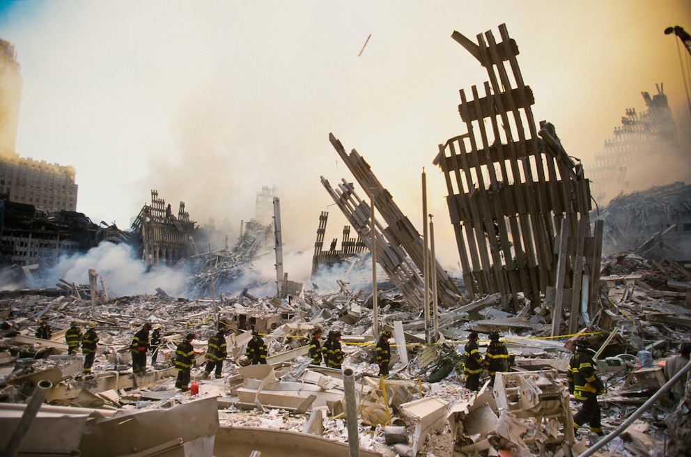 The rubble of the World Trade Center smolders following the terrorist attacks on Sept. 11, 2001, in New York.