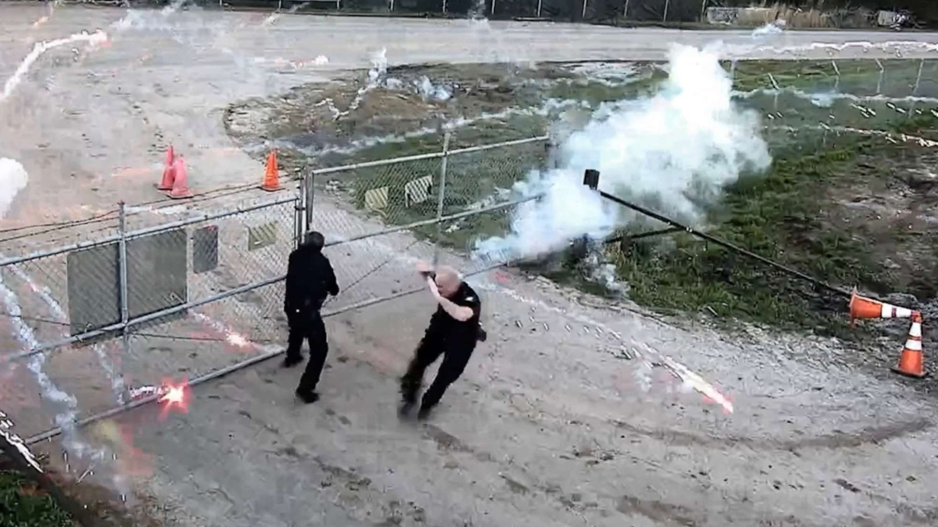 PHOTO: Protesters launch fireworks against members of the police at the construction site of a police training center, after a demonstration at the property led to clashes, in Atlanta, March 5, 2023, in a still from a social media video.